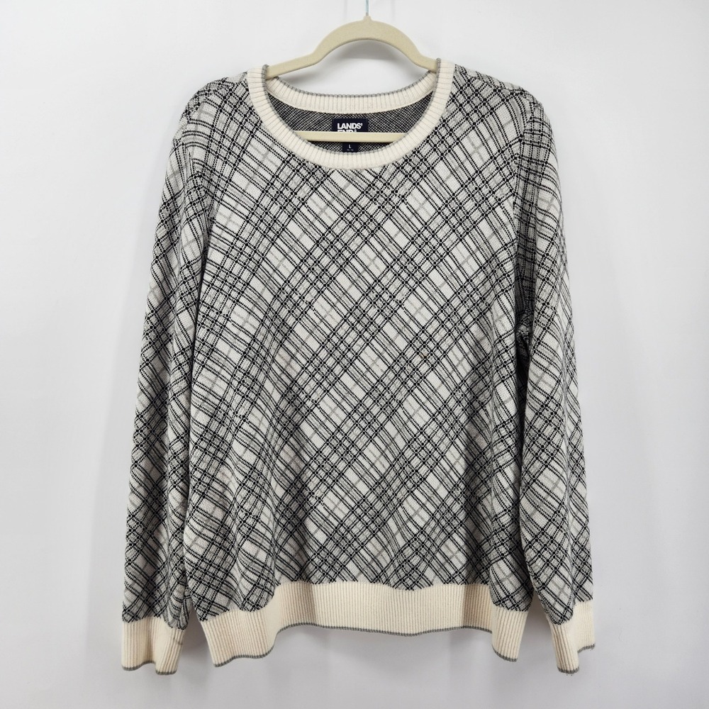 Lands' End Women's Gray White Black Plaid Crew Neck Long Sleeve Sweater Size L